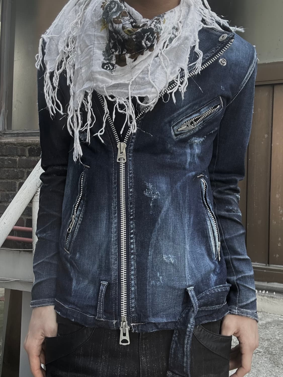 2000s fuga 락시크 데미지 워싱 데님 라이더자켓 상품이미지1