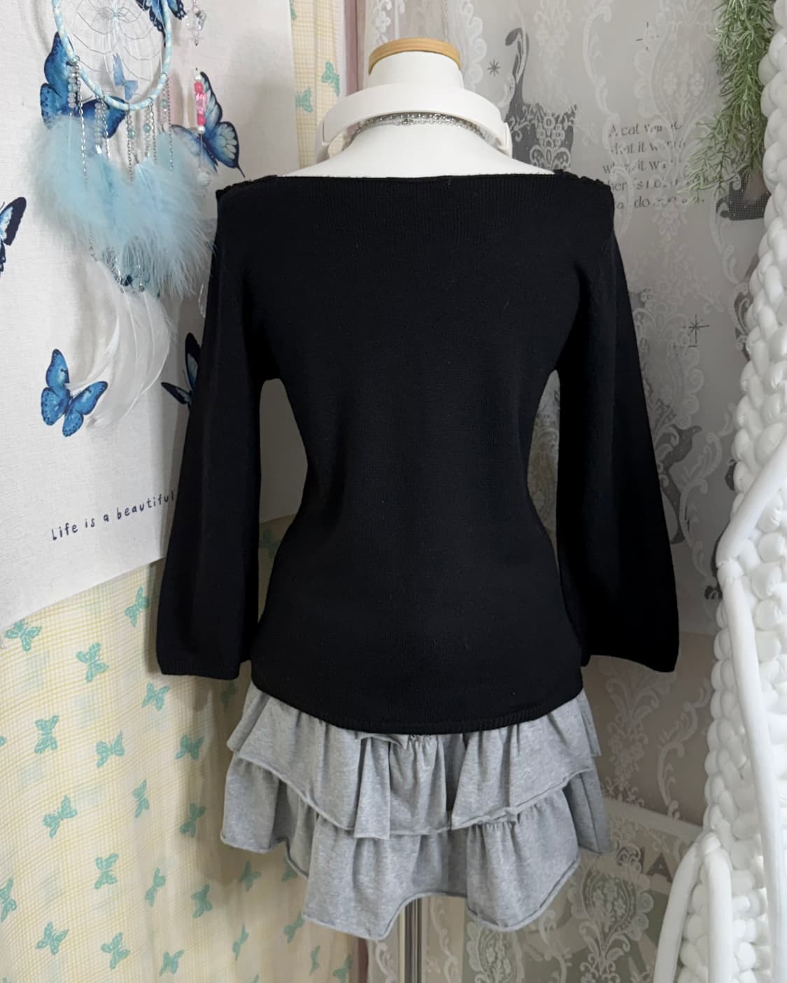 블랙 숄더 리본 니트 상품이미지4