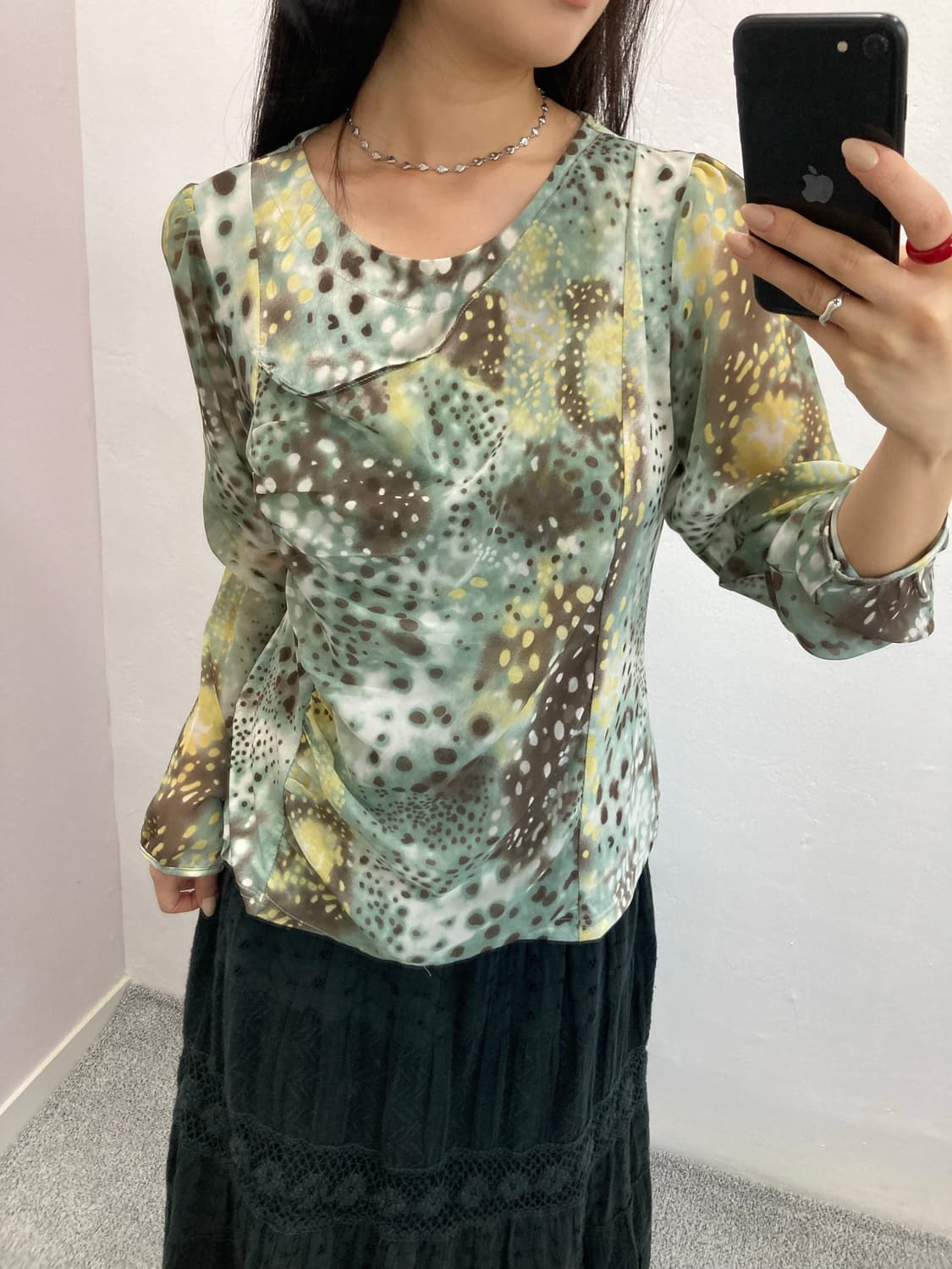 민트 도트 프린팅 긴팔 블라우스 상품이미지2