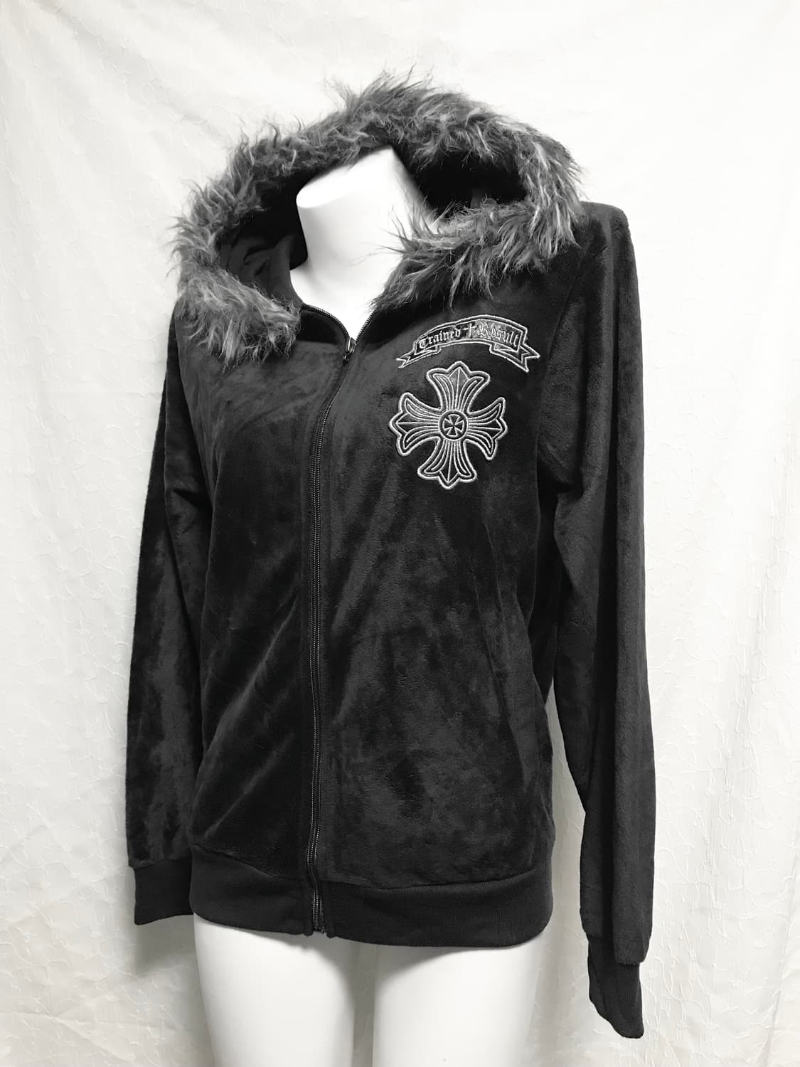 빈티지 펑크 크롬깔 벨벳 퍼 후드 집업 상품이미지2