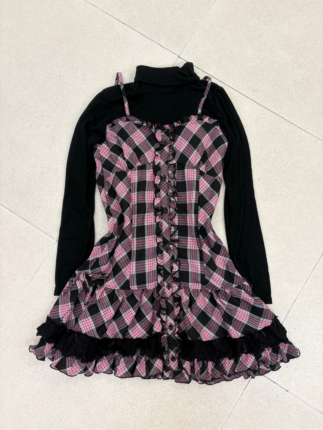 핑크체크 프릴 레이어드 원피스 상품이미지1