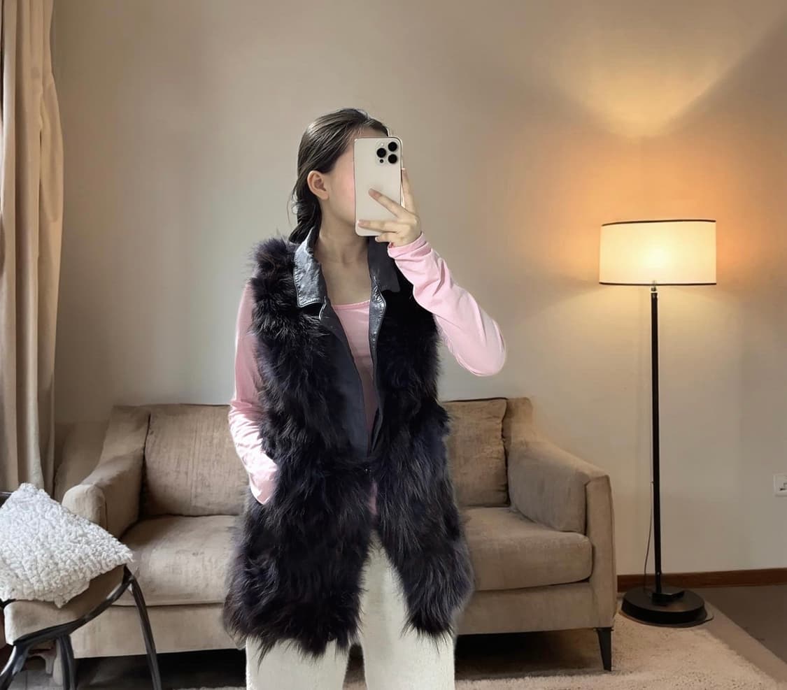 빈티지 스모크  퍼플 라쿤퍼 양가죽 조끼 베스트 상품이미지4