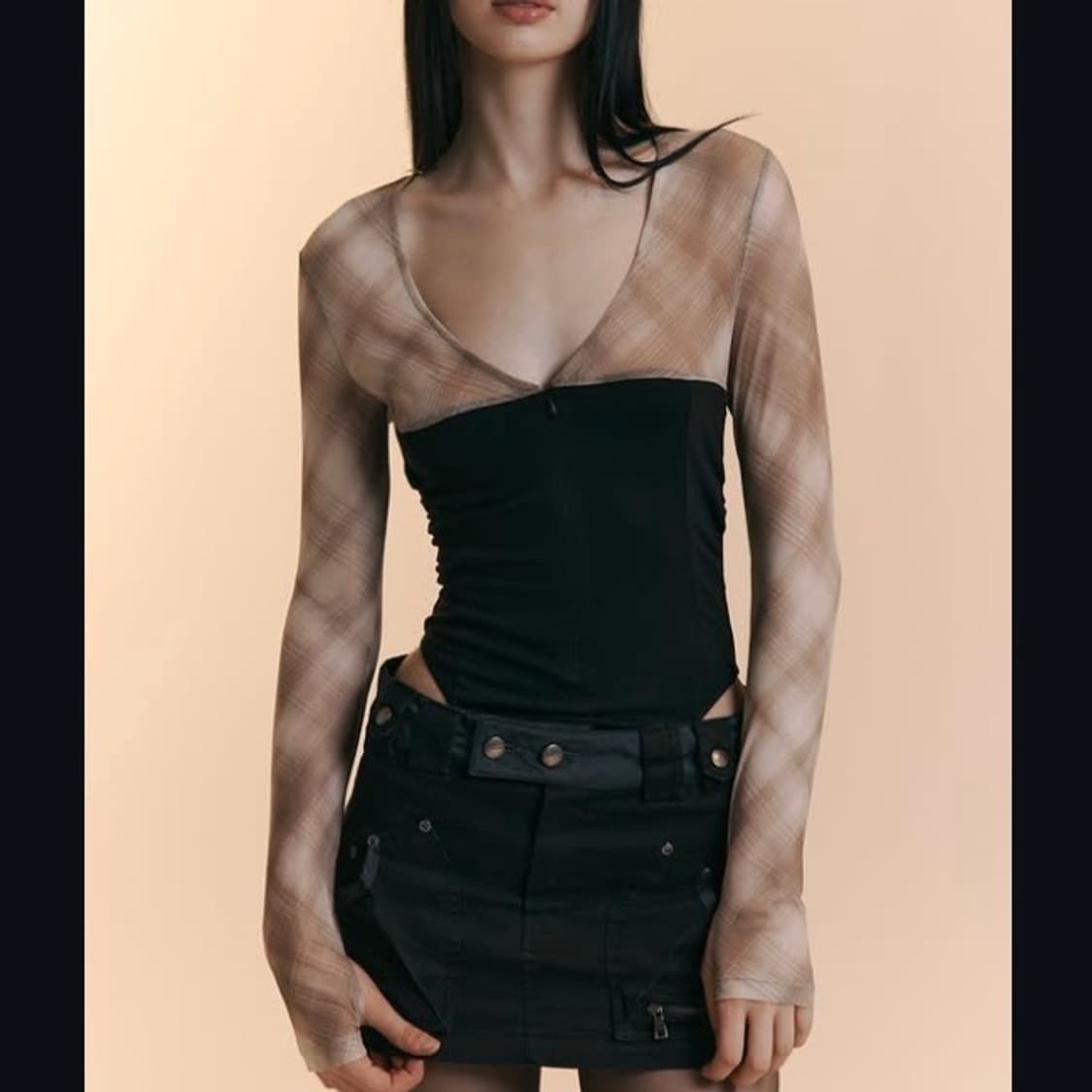 플리즈노팔로우 체크 바디수트 블랙 새상품 상품이미지1