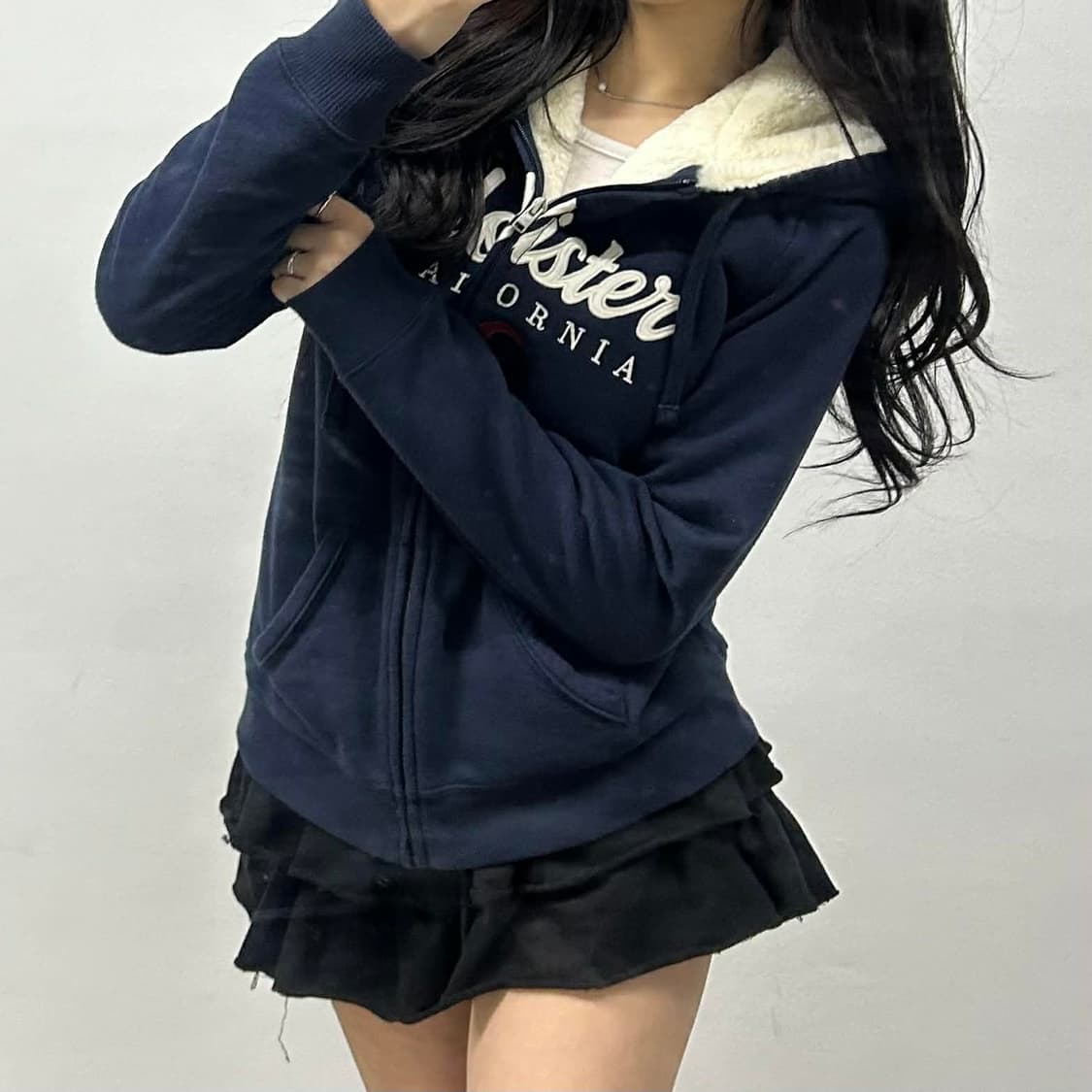 홀리스터 y2k 울프죠 네이비 걸즈 대장급 양털 후드집업 희귀져지(M) 상품이미지1