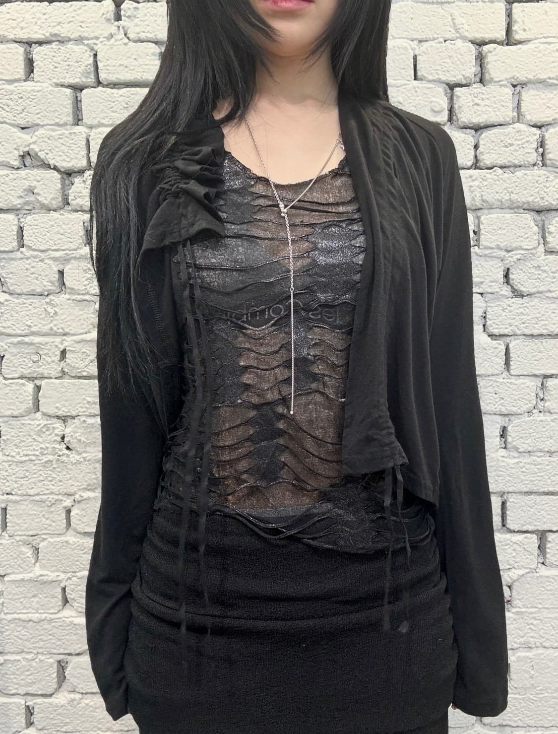 Noir Shirring Mesh Draped Cardigan 상품이미지1