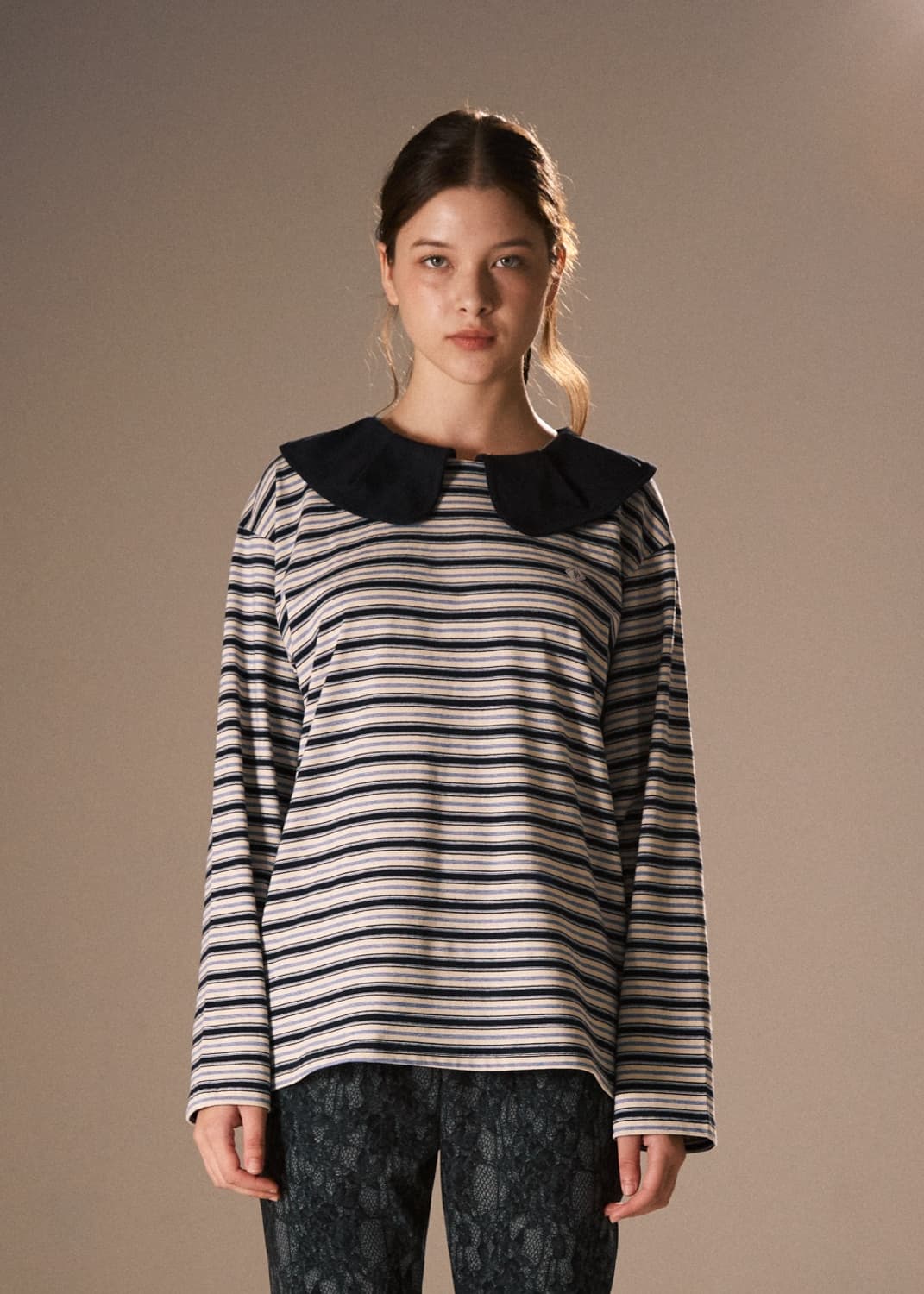 Stripe Big Collar Jersey Top / Navy 상품이미지2