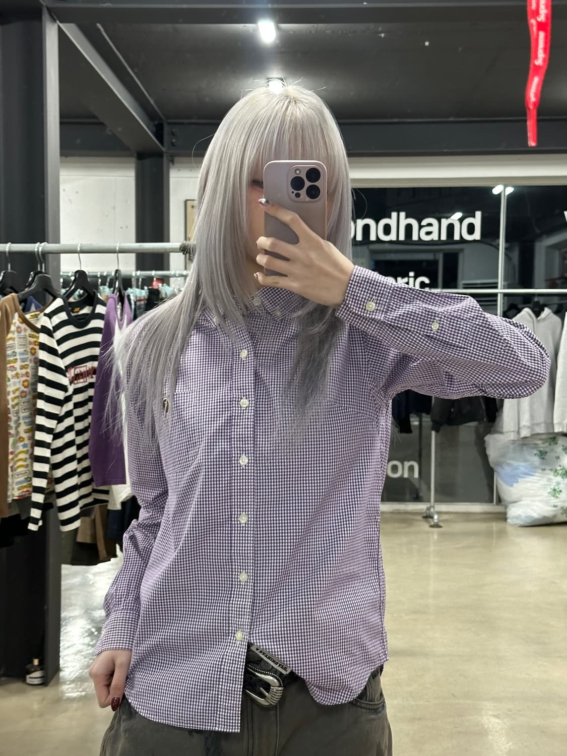 베이프 체크 버튼업 퍼플 셔츠 상품이미지2