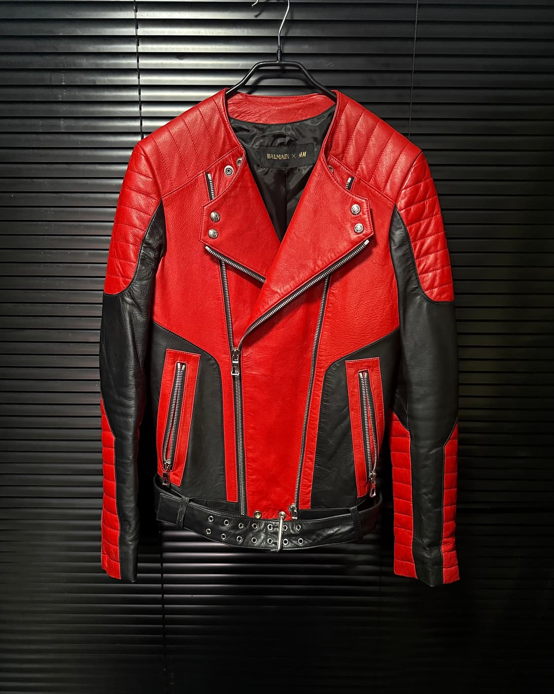 H&M 발망 콜라보 레드 블랙 양가죽 가죽 레더 바이커 라이더 자켓 44 상품이미지1