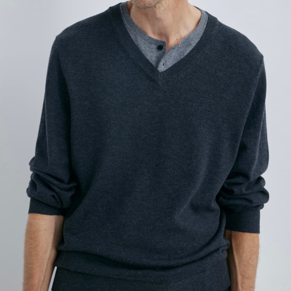 포터리(새상품) 더블 레이어드 헨리넥 니트 - 차콜 2XL  상품이미지2