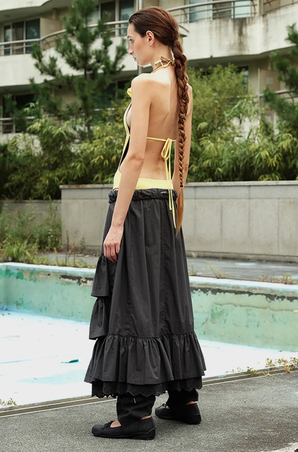 오픈와이와이 ROLLED WAIST TIERED SKIRT 차콜 S 상품이미지3