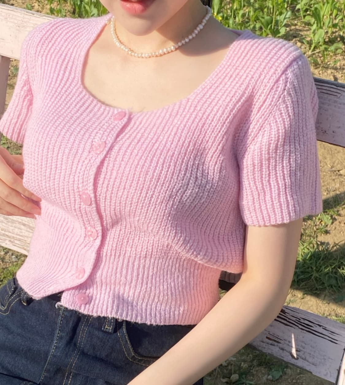 핑크 니트 반팔 가디건 상품이미지1