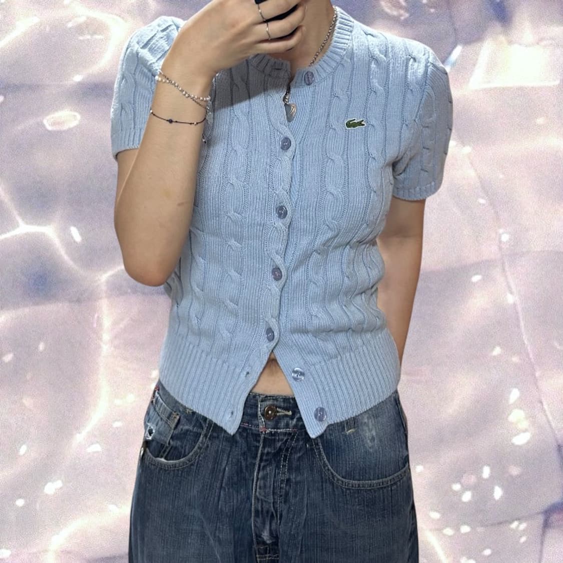 라코스테 스카이블루 소라 케이블 반팔 니트 가디건 90 상품이미지5