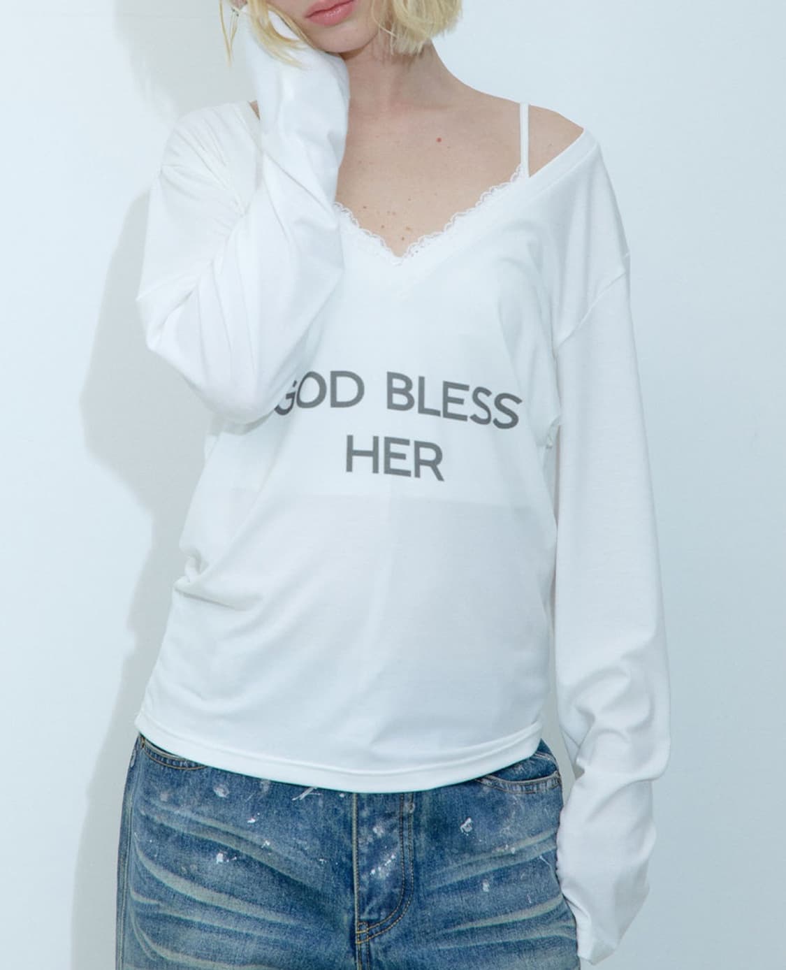 러프넥 bless long 티셔츠 블레스 롱 티셔츠 화이트 상품이미지1