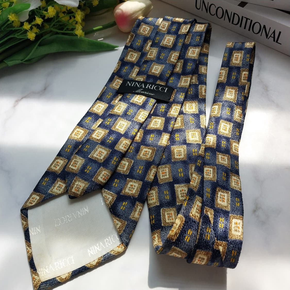 니나리치 실크 네이비&브라운 스퀘어 넥타이 8.5cm A~B등급 K914 상품이미지5