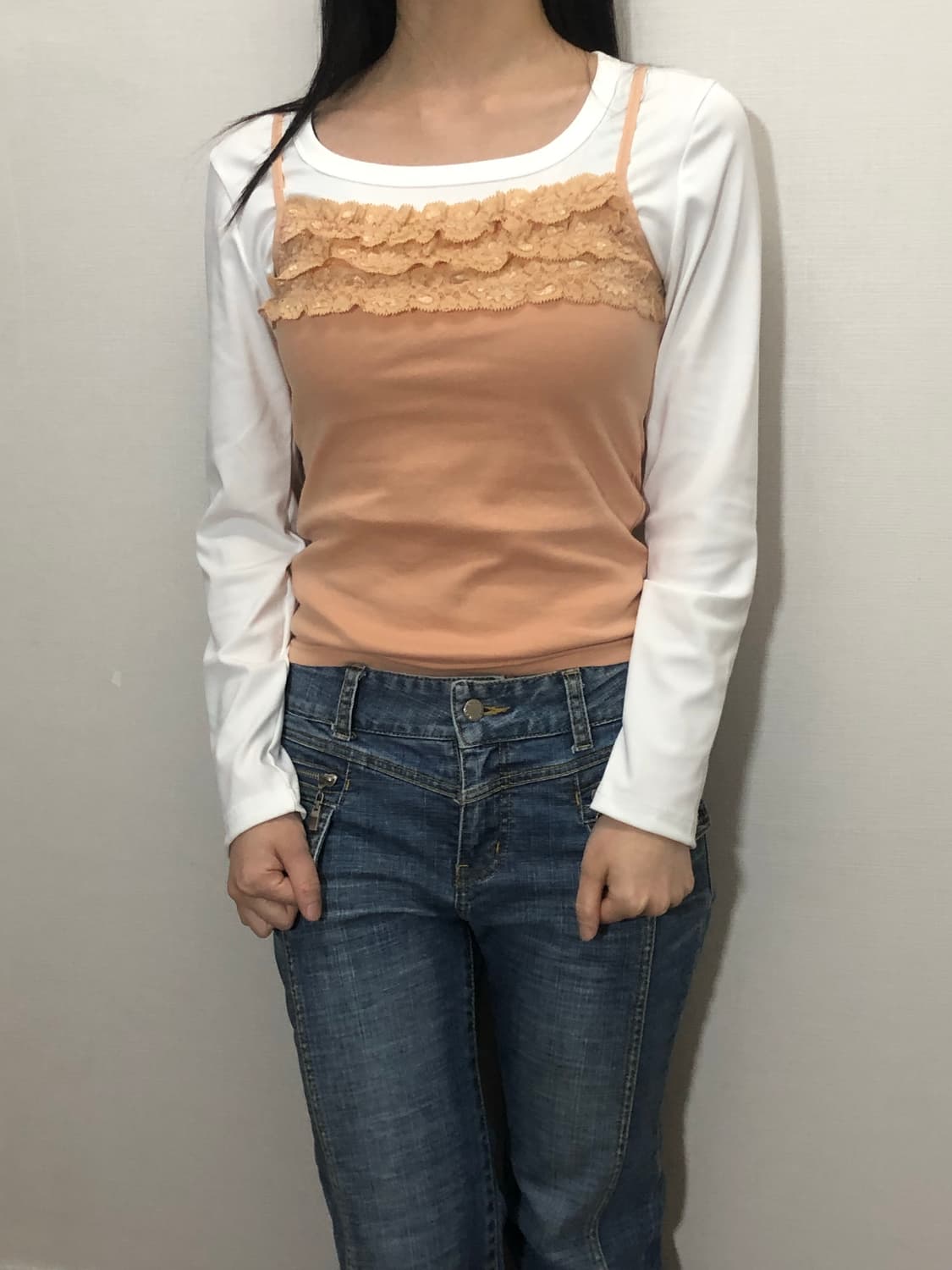 빈티지 피치 프릴 슬리브리스 상품이미지4