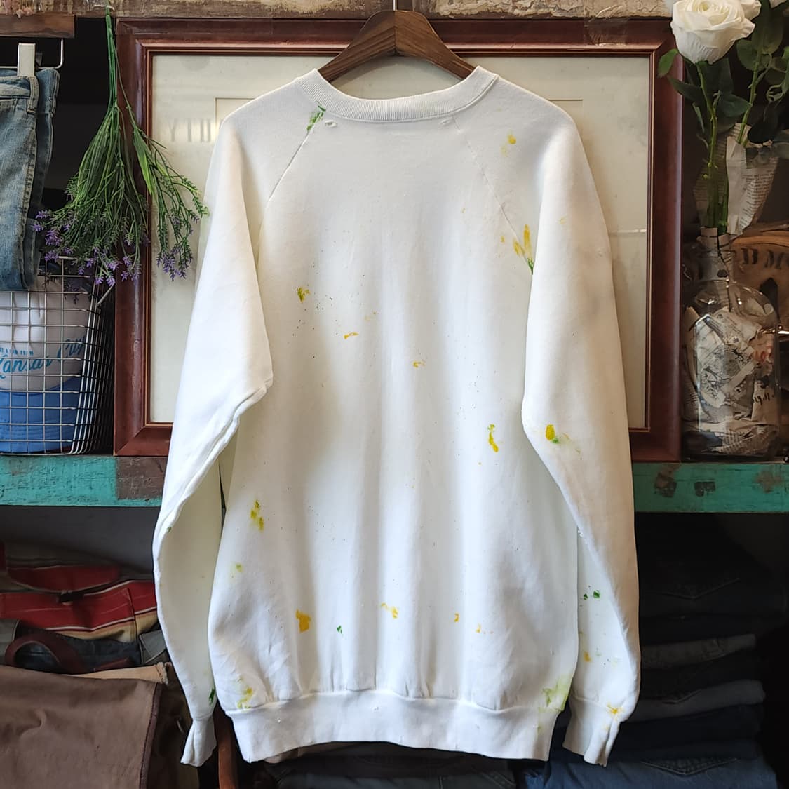 90s 빈티지 스웻셔츠 플레인 스웻셔츠 페인팅 데미지 화이트 L 상품이미지2