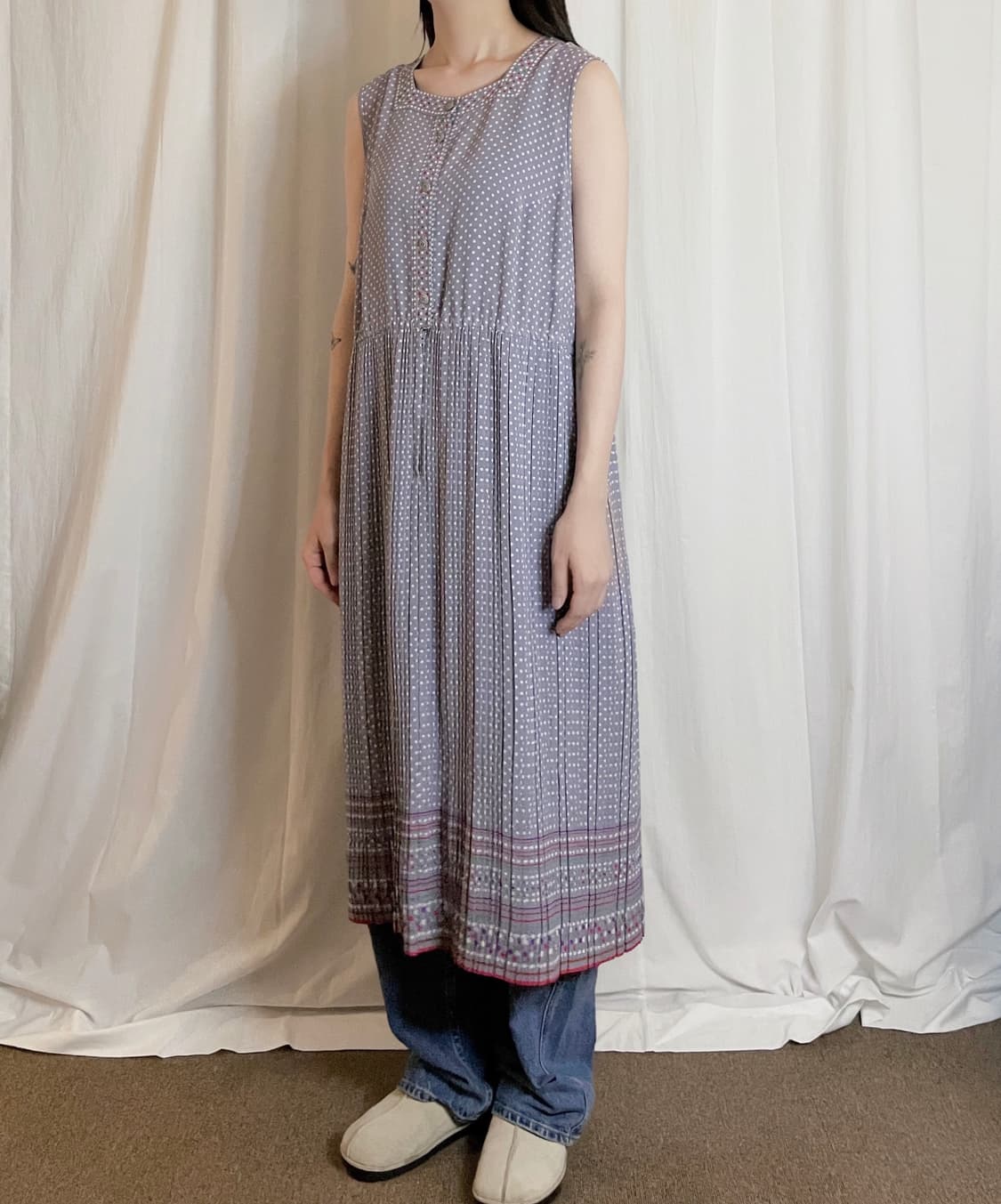 Dot Pattern Long Dress - Purple Gray 상품이미지3