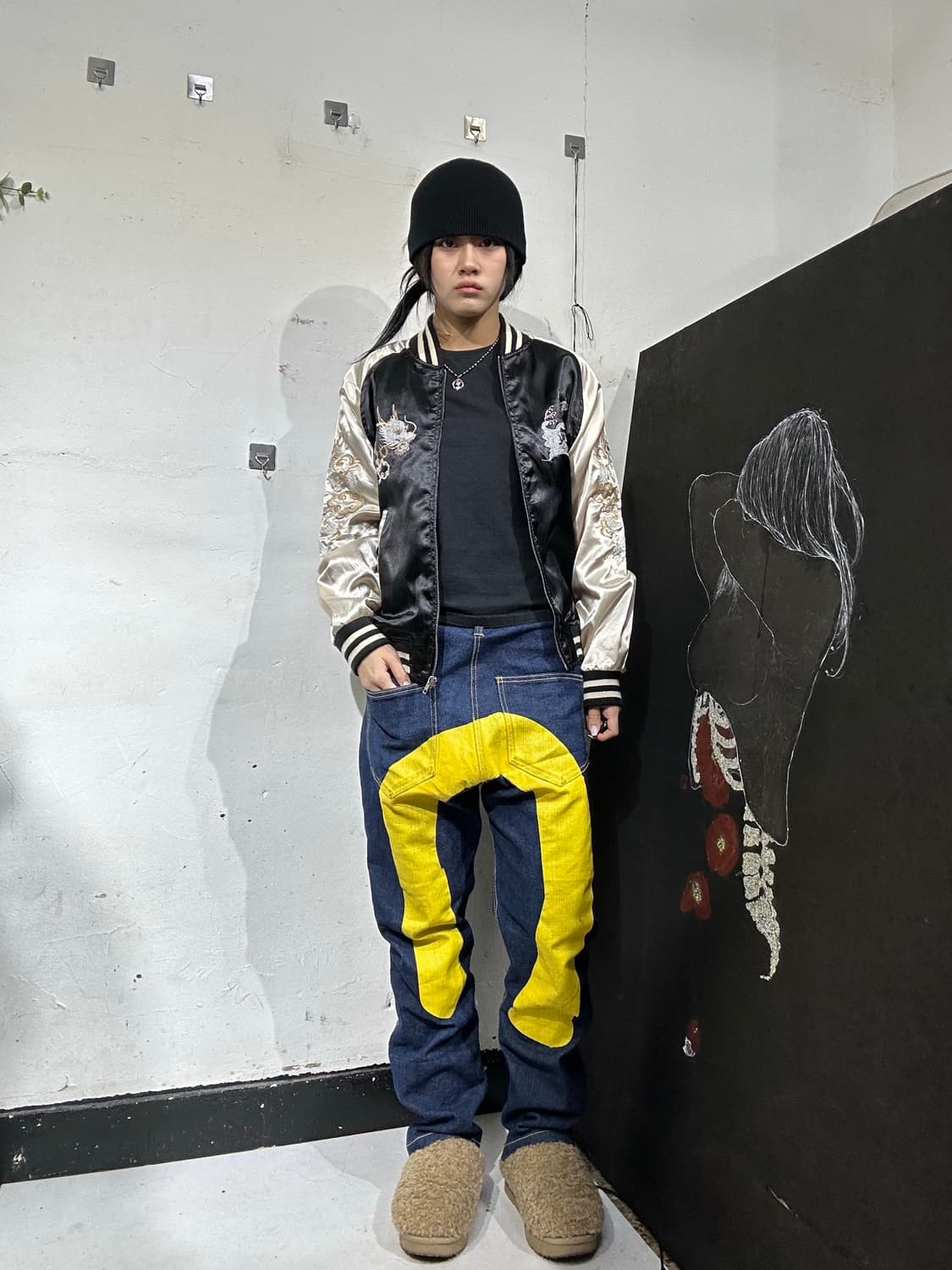 일본빈티지 일심여경 블랙 골드 잉어 용머리 스카잔 M 상품이미지3