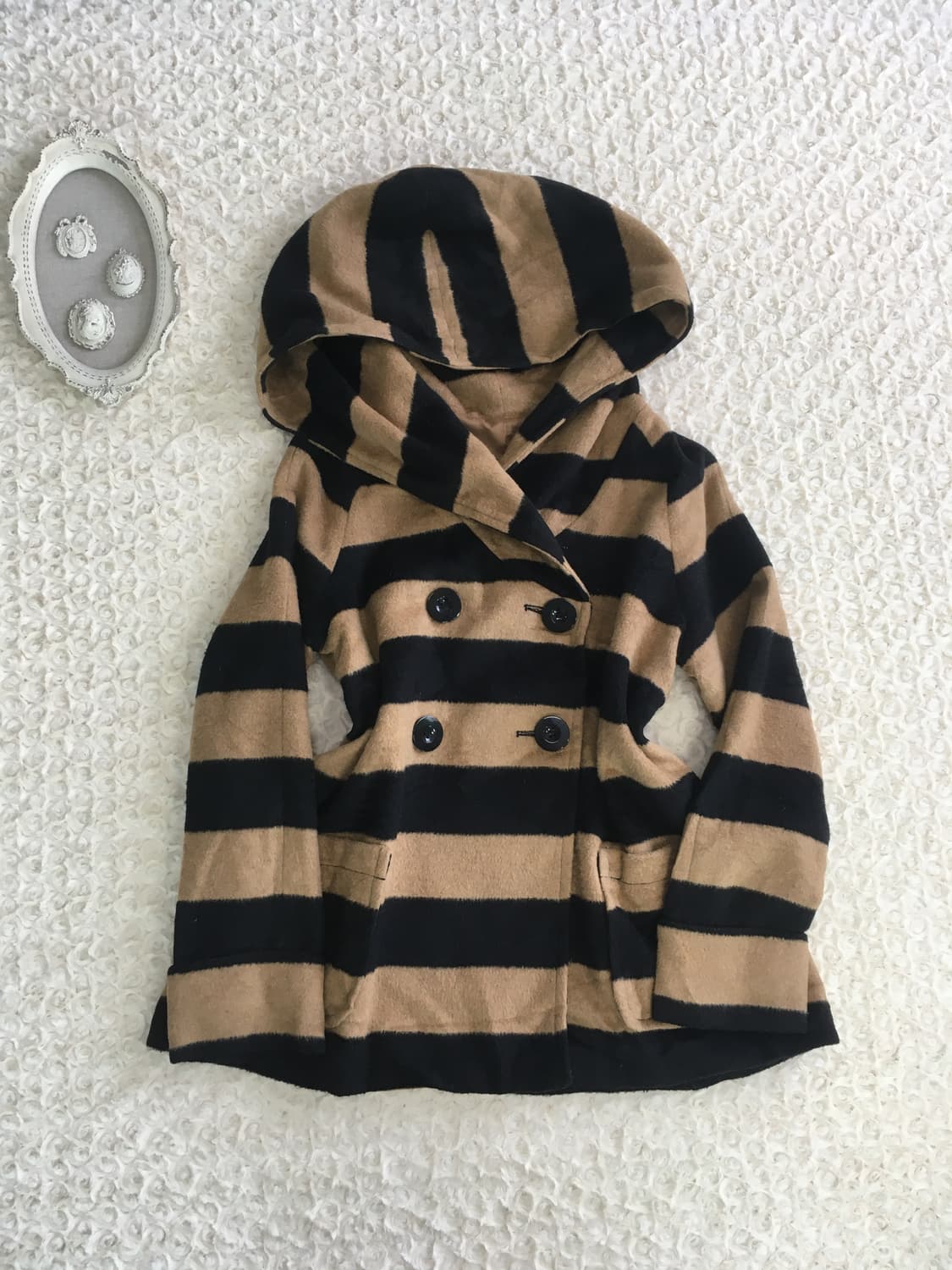 일본빈티지 카멜블랙 스트라이프 후드 코트 상품이미지5