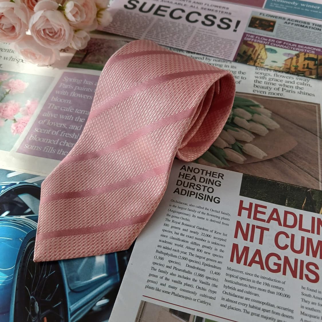 아쿠아스큐텀 실크 핑크 스트라이프 넥타이 8.7cm A+등급 A19007 상품이미지2