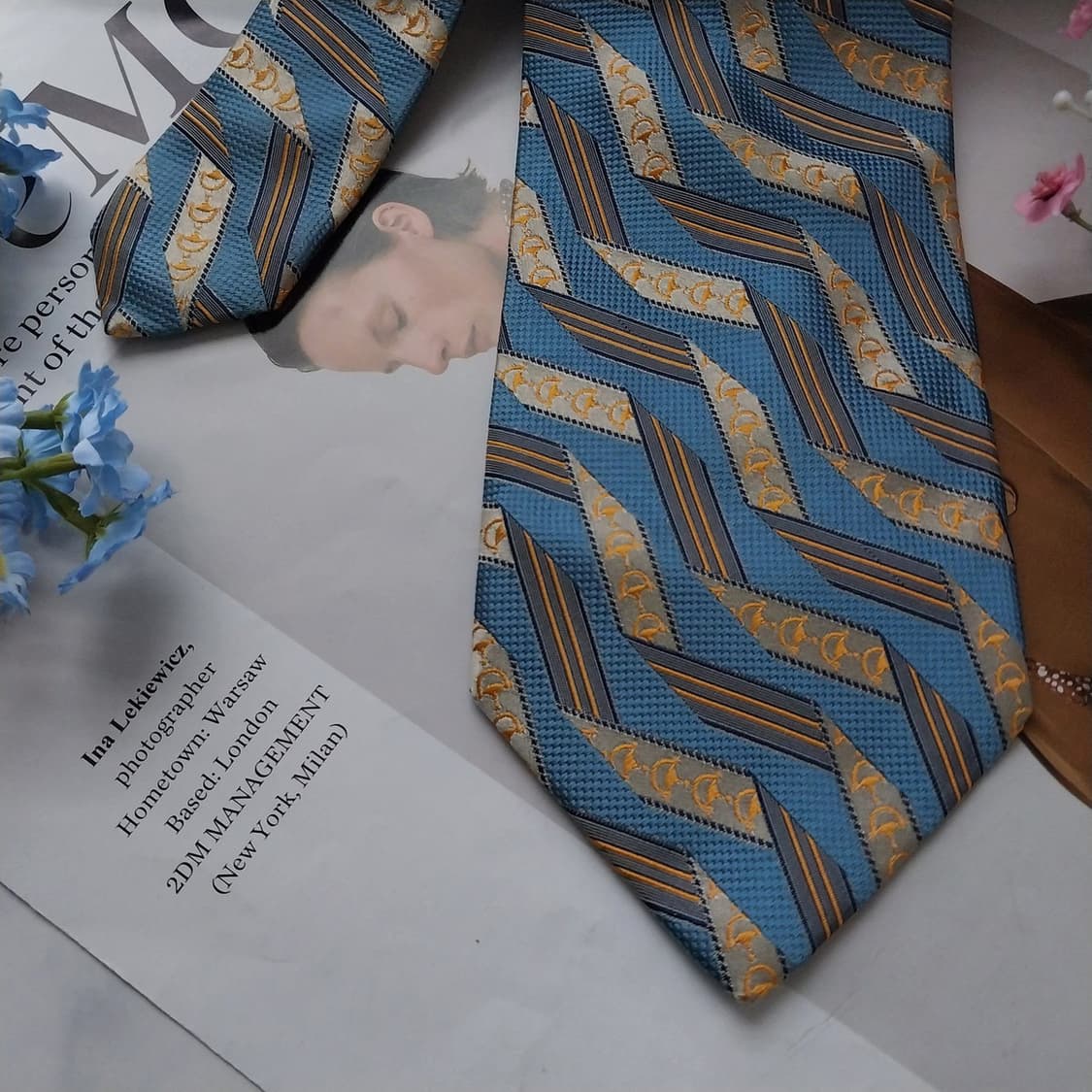 구찌 실크 블루 홀스빗 자카드 넥타이 9.6cm A+등급 K1478
 상품이미지5