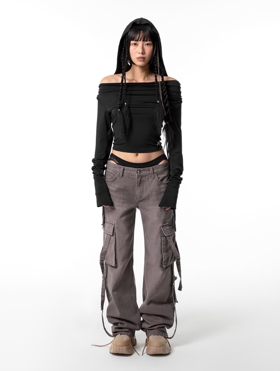 YEEL(leey) HOODIE RIBBON DRAPE TOP BLACK 상품이미지4