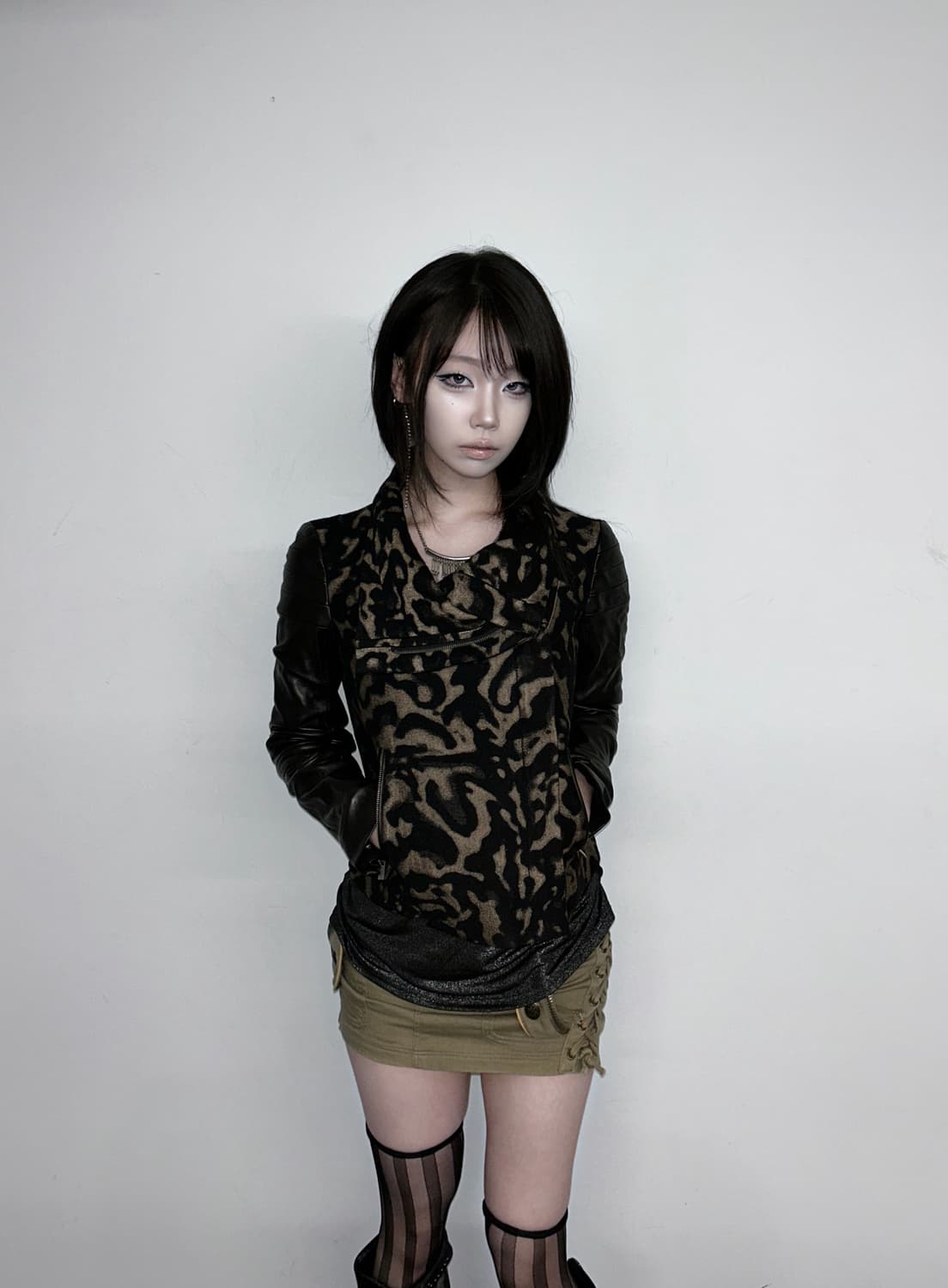 DvF 레오파드 울 레더 슬리브 하이넥 자켓 상품이미지1