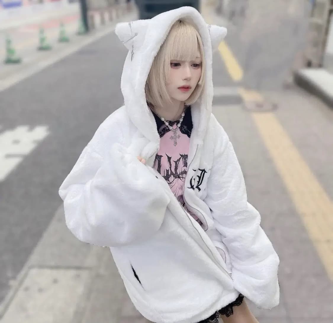 볼칸 네코미미 퍼 후드집업 레그워머 세트 서브컬쳐 지뢰계 volcan 상품이미지2