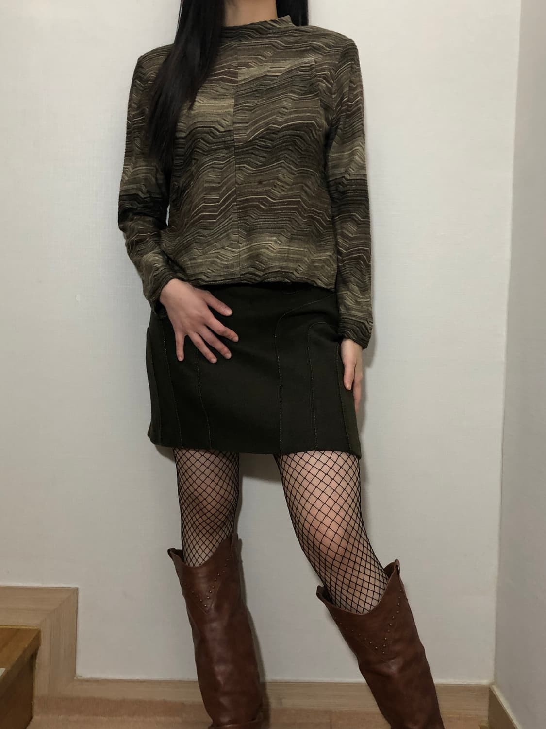 빈티지 카키 앤 브라운 웨이브 탑 상품이미지2