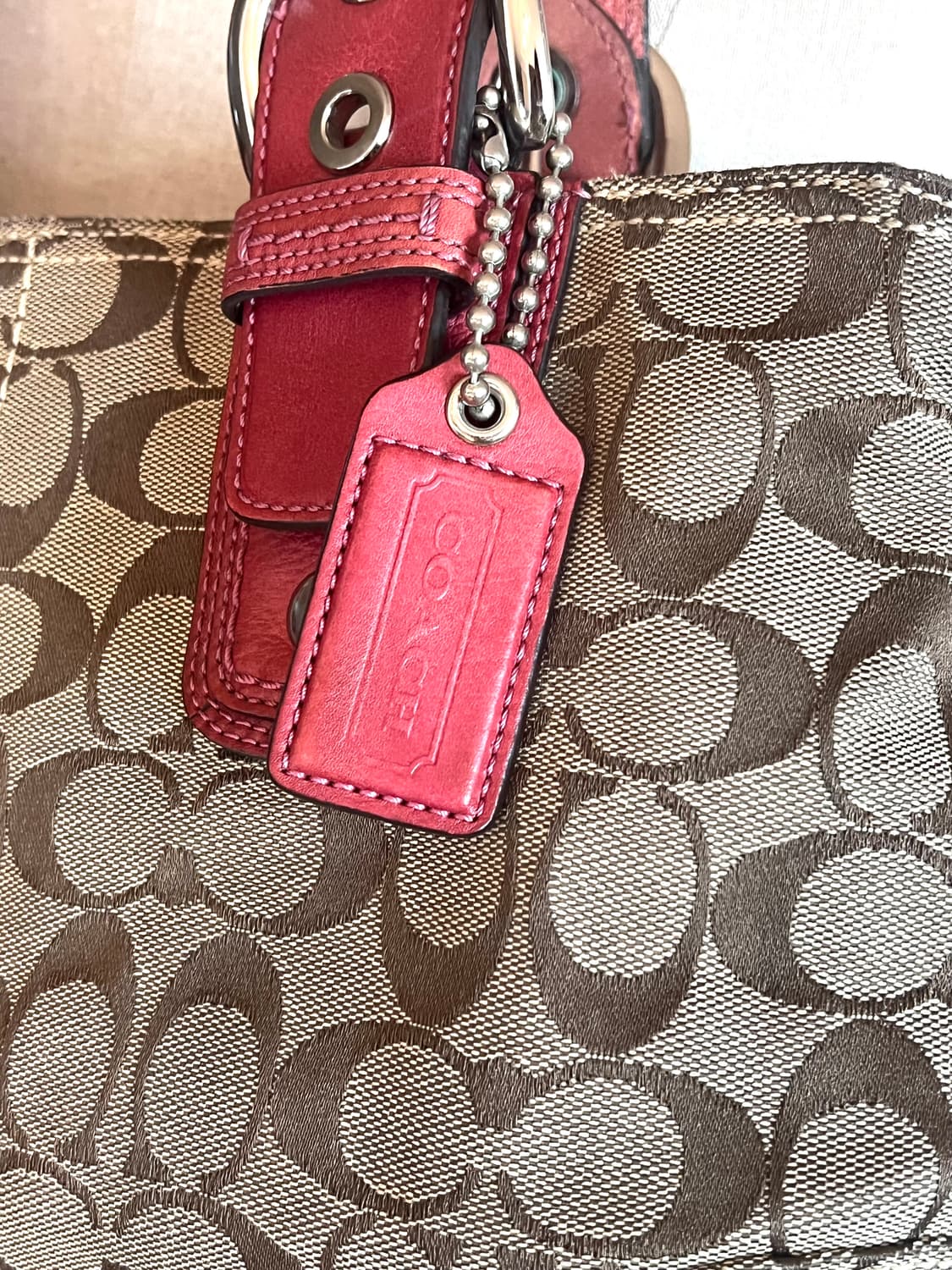 90s coach 코치 자카드 브라운 캔버스 레드 레더 호보 숄더백 상품이미지7