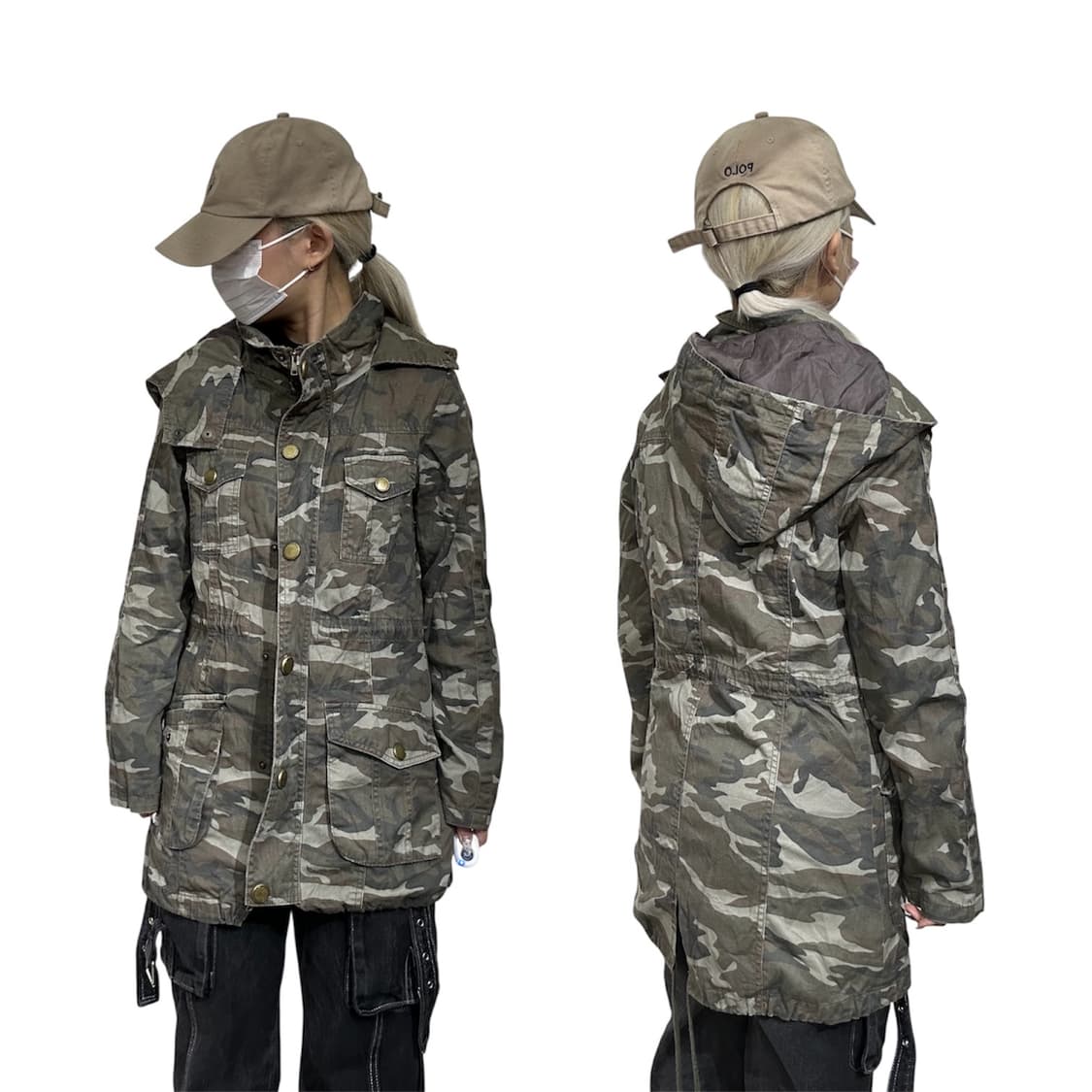 일본 빈티지 밀리터리 카모 후드 야상 갸루 코어 자켓 M 상품이미지1