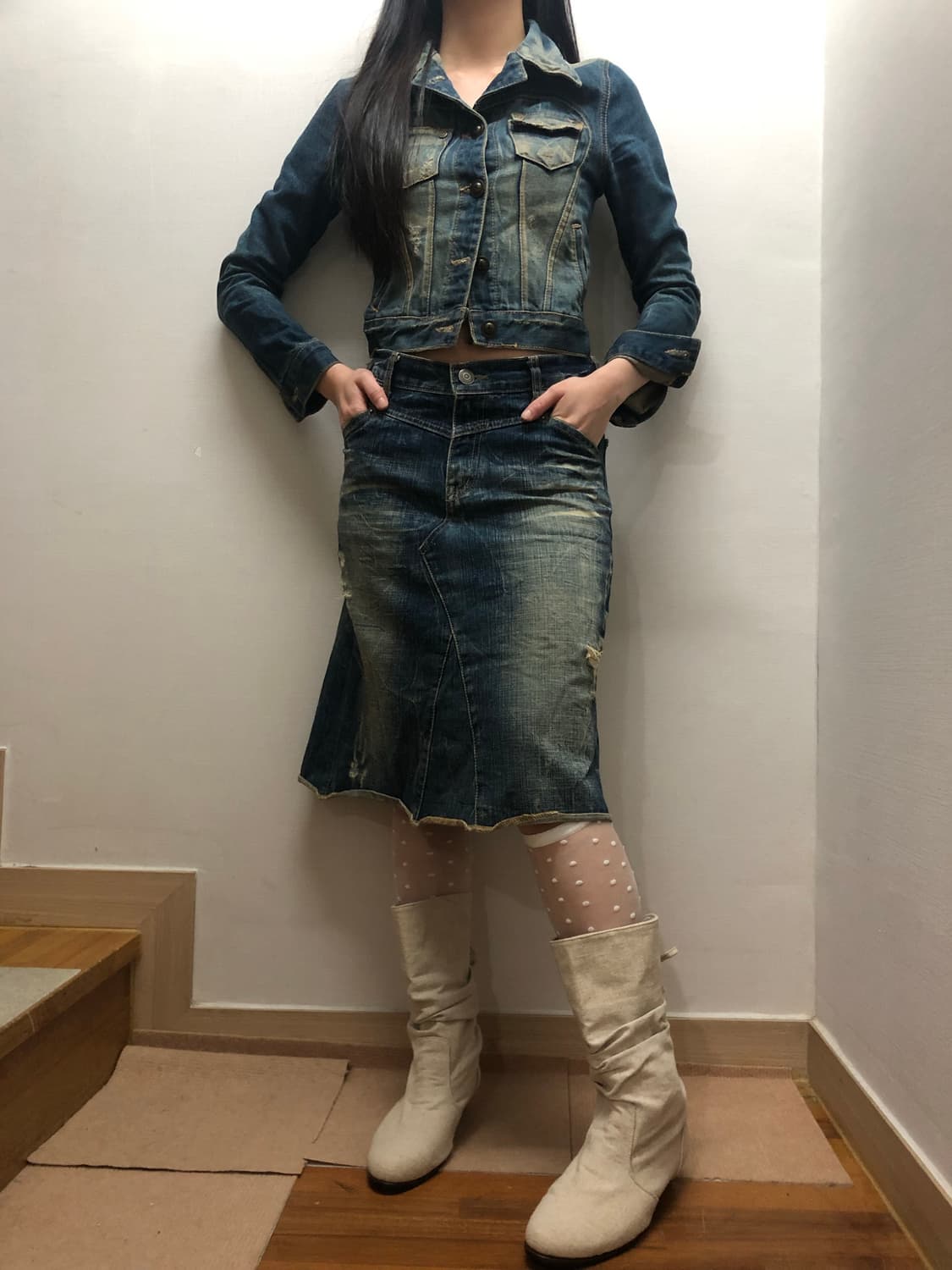 빈티지 데님 옐로우 워싱 크롭 자켓 상품이미지5