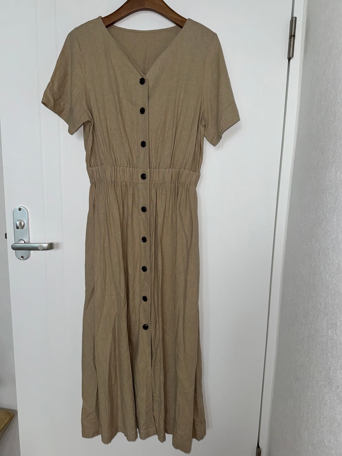 Beige Button Front Linen Blend Dress 상품이미지1