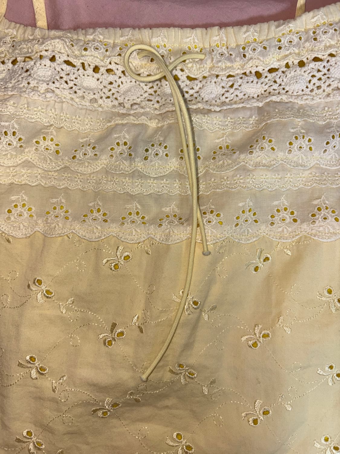 일본 빈티지 연노랑 펀칭 리본 자수 레이스 끈원피스 상품이미지3