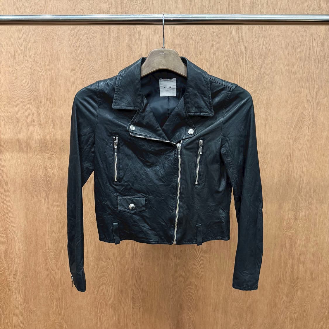 빈티지 긴팔 싱글 라이더 레더 자켓 사선 지퍼 벨트 고리 디테일 블랙 상품이미지2