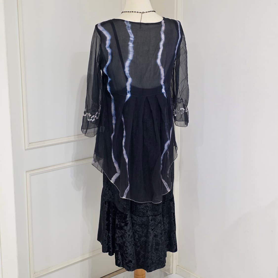 오리엔탈 빈티지)블랙네이비 모리걸 고딕레이어드 블라우스+벨벳원피스코디세트 상품이미지3