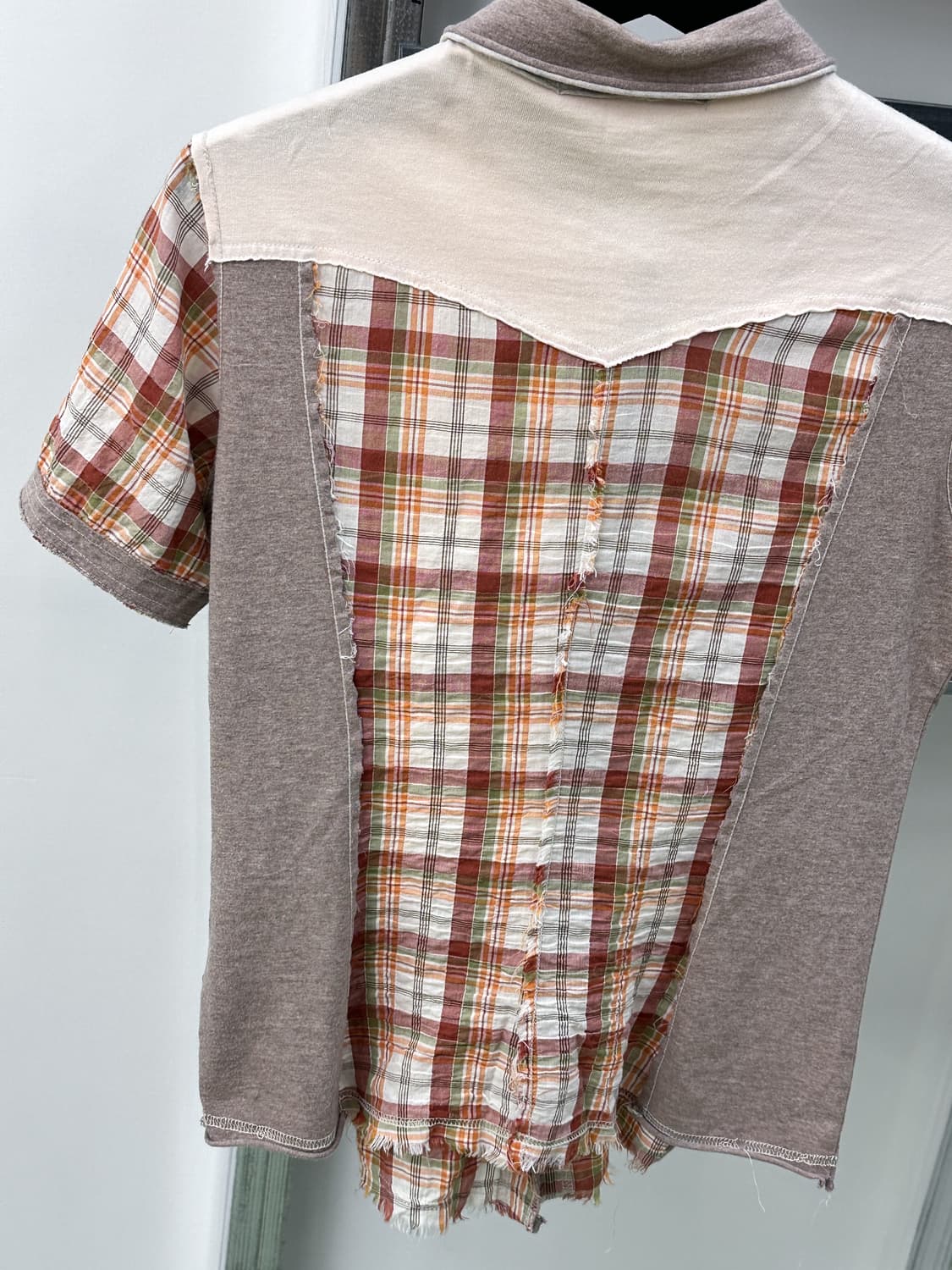 beige cotton check half shirt 상품이미지3