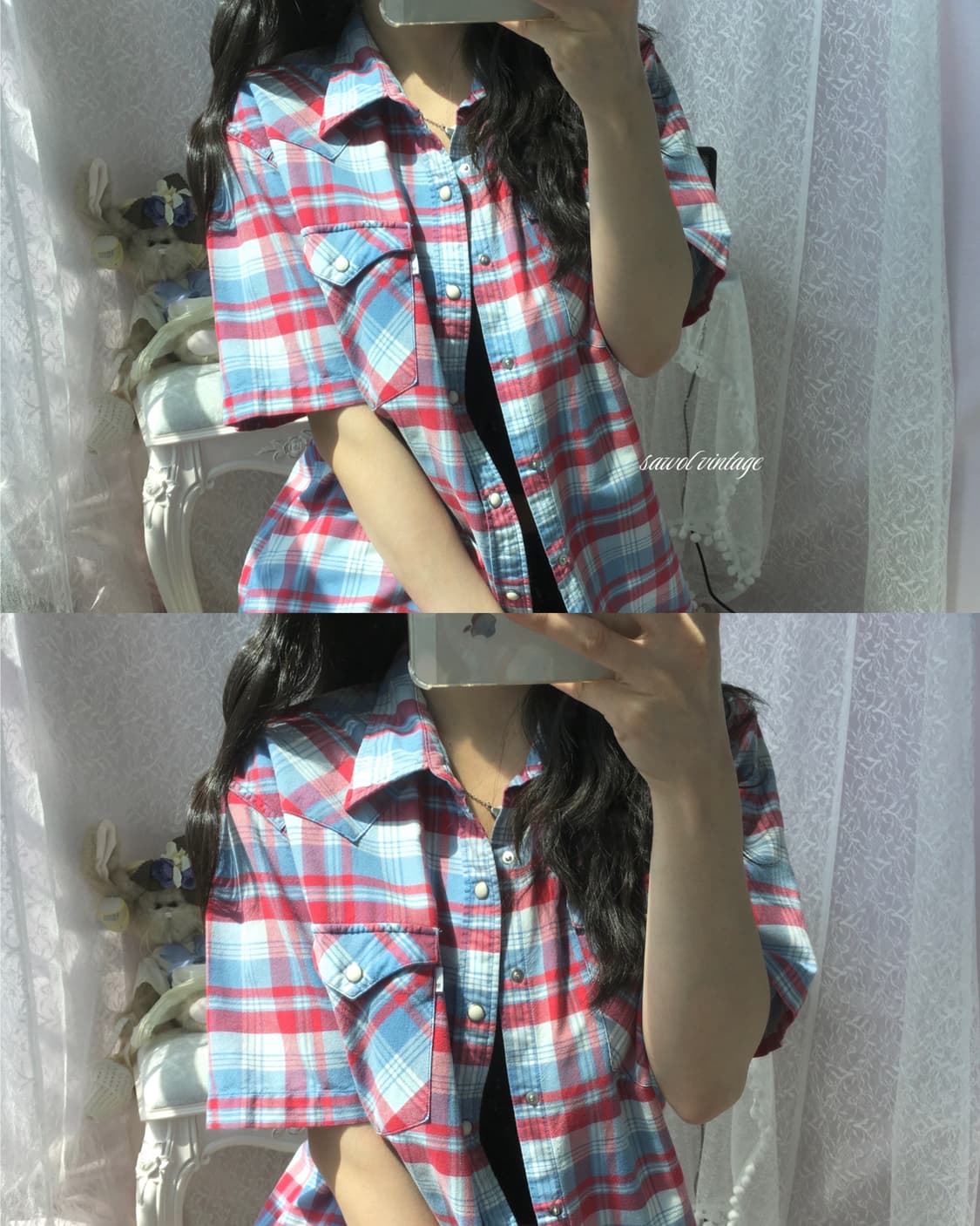 Levis baby blue red check half shirt 상품이미지1
