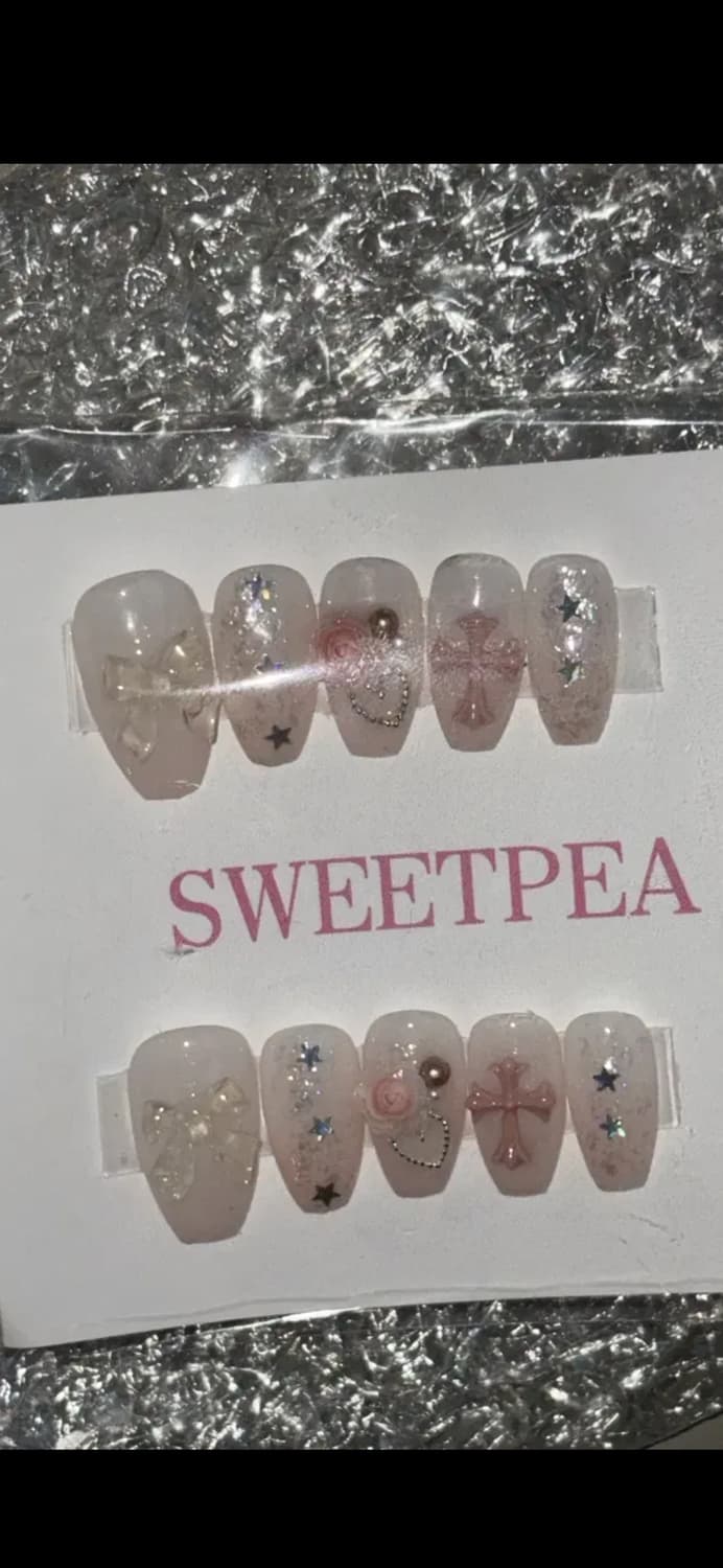 숏오발 네일팁 십자가 리본 y2k 러블리 빈티지 큐트 상품이미지4