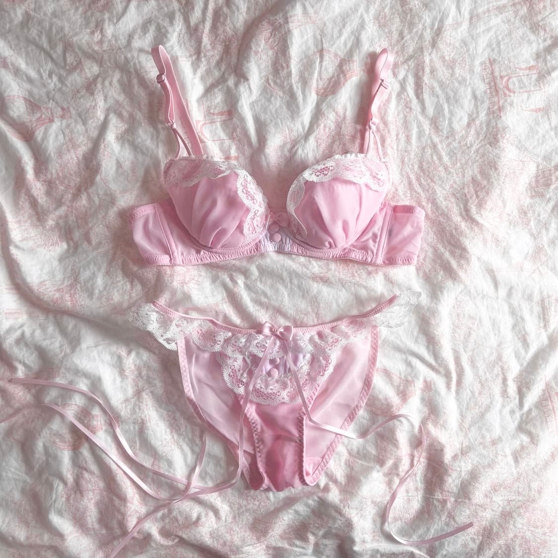 메이드 핑크 란제리 브라 팬티 set 일본 갸루 75B 속옷 로걀 레이스 상품이미지1