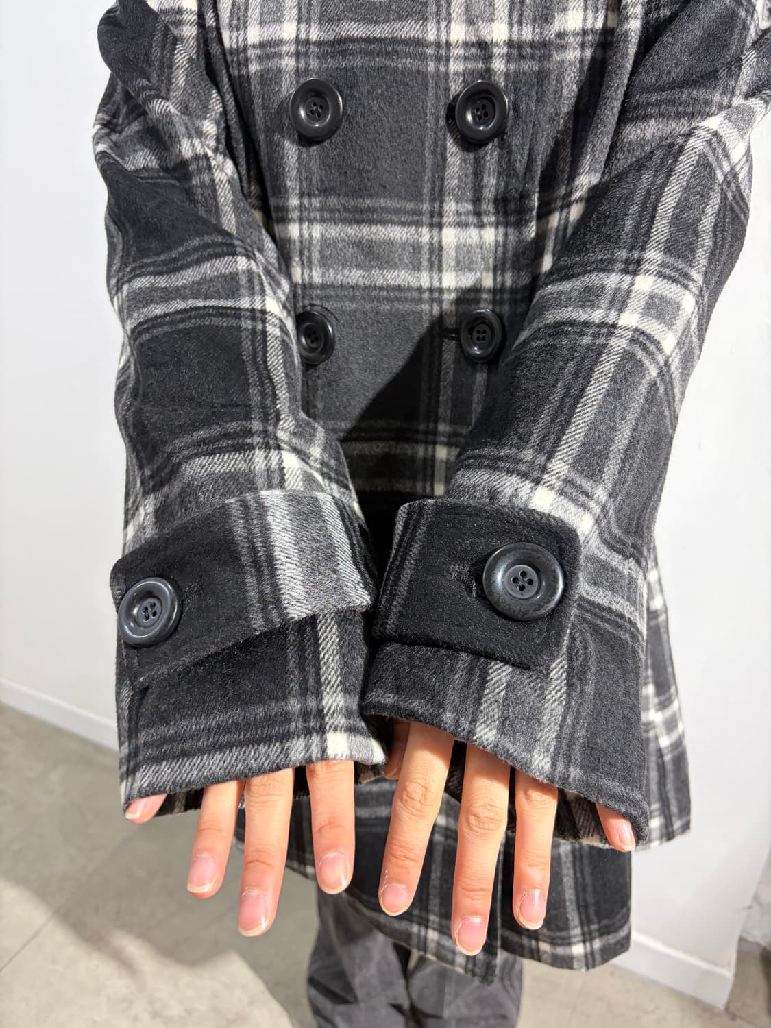 일본 빈티지 FOVL 락펑크 체크 더블버튼 미디 코트 상품이미지5