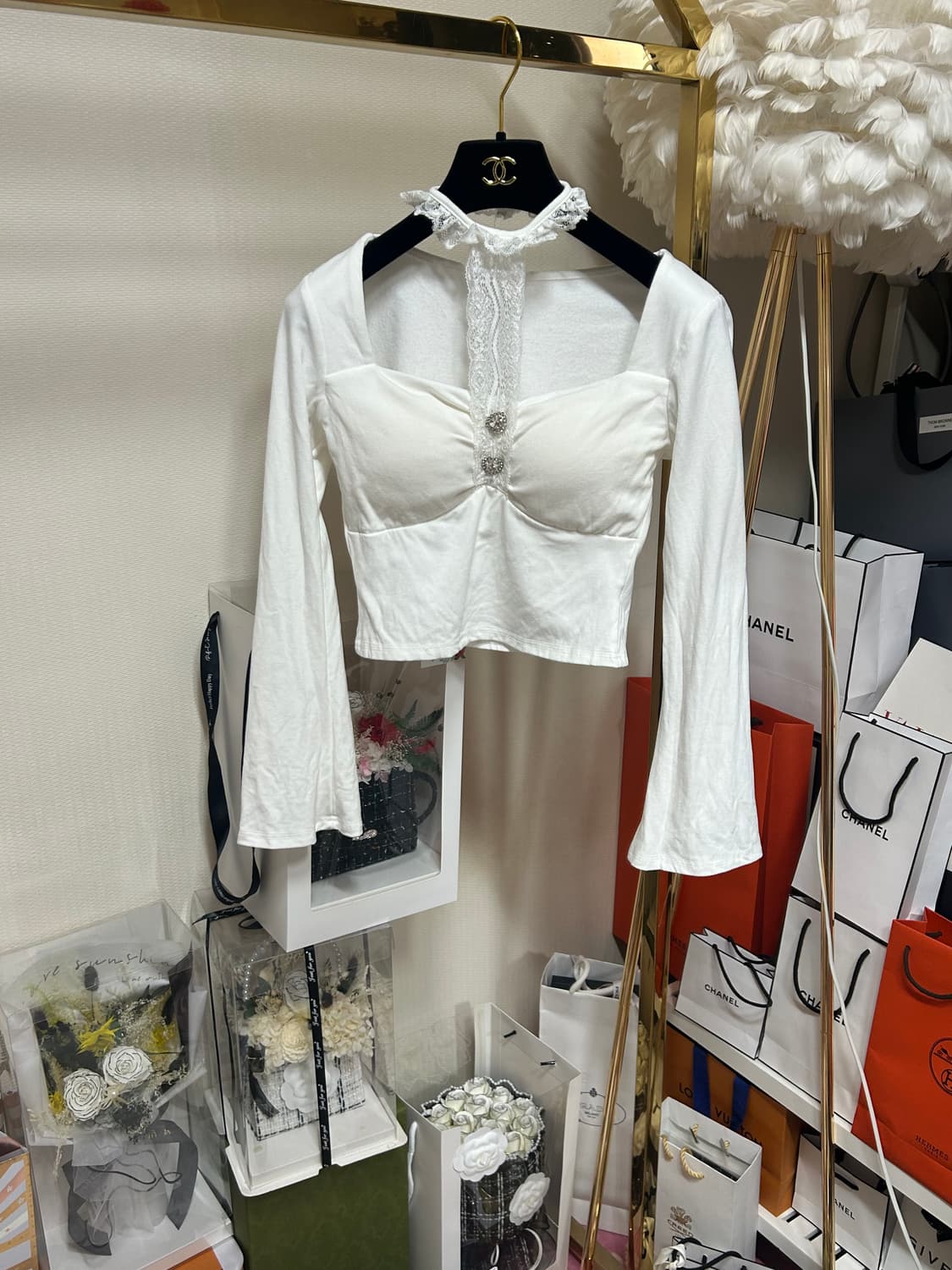 초커 큐빅 버튼 포인트 스퀘어넥 탑 상품이미지1