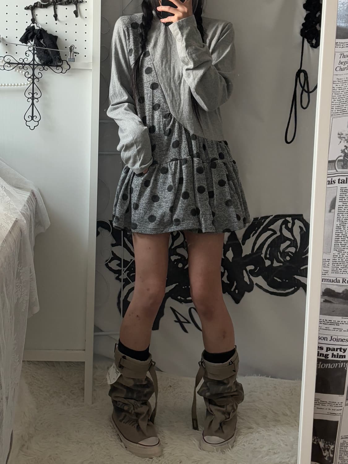 • gray dot frill mini-one-piece dress sl 상품이미지4
