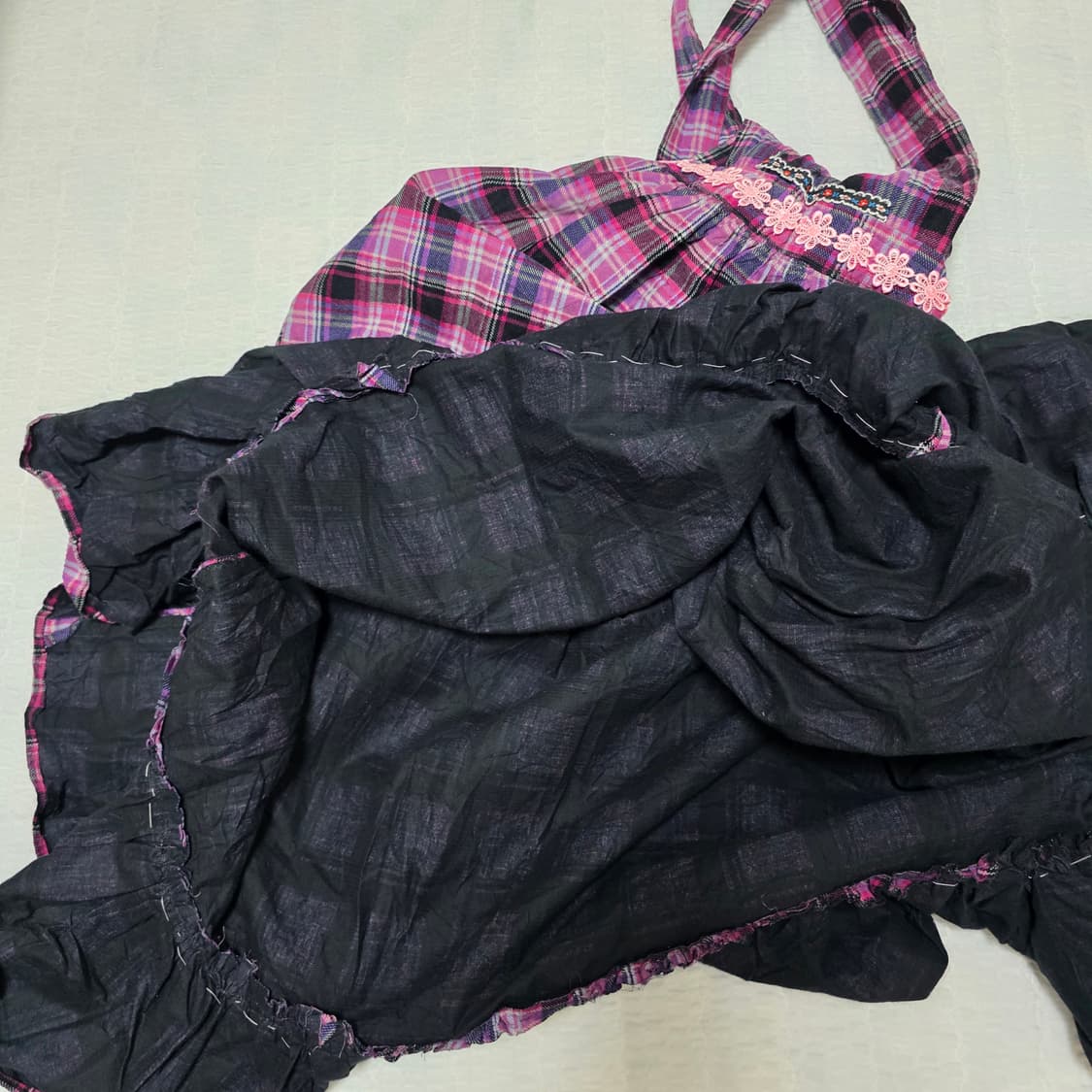 핑크x퍼플 체크패치워크 꽃자수 모리걸 앞치마깔st 롱원피스 상품이미지5