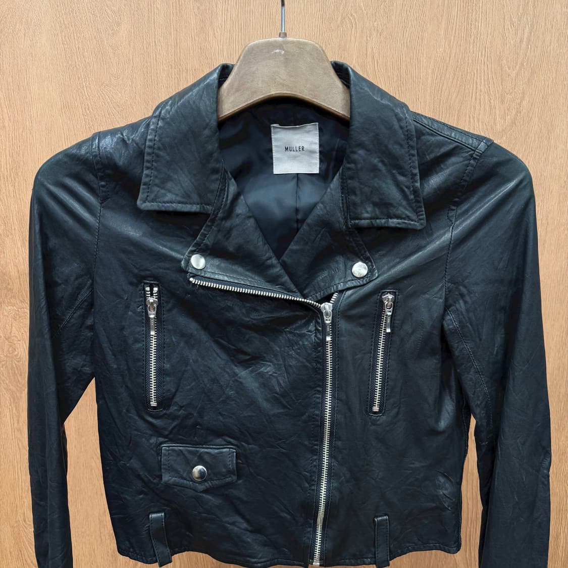 빈티지 긴팔 싱글 라이더 레더 자켓 사선 지퍼 벨트 고리 디테일 블랙 상품이미지4