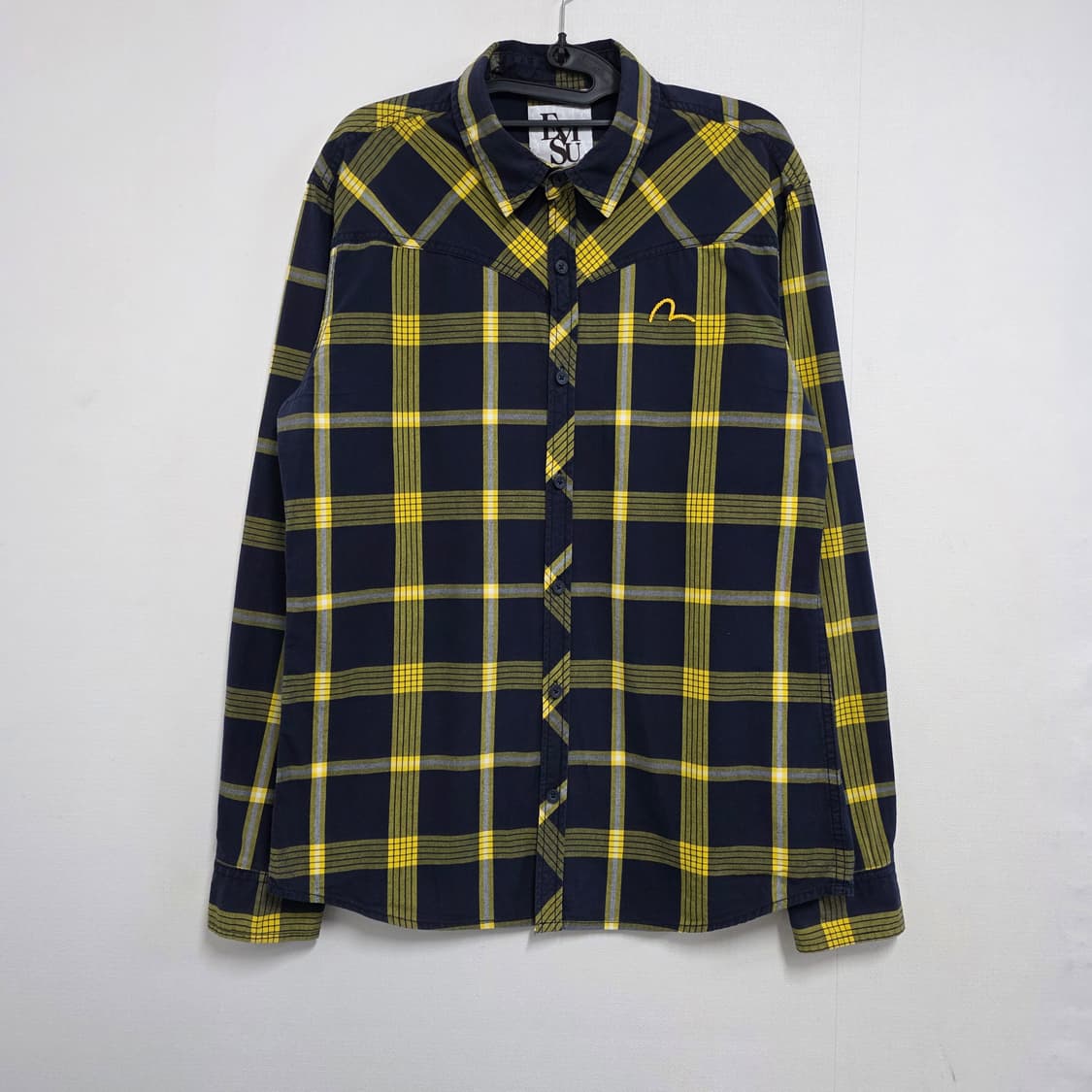 M/L 95 에비수 자수로고 네이비 옐로우 체크 셔츠 상품이미지2