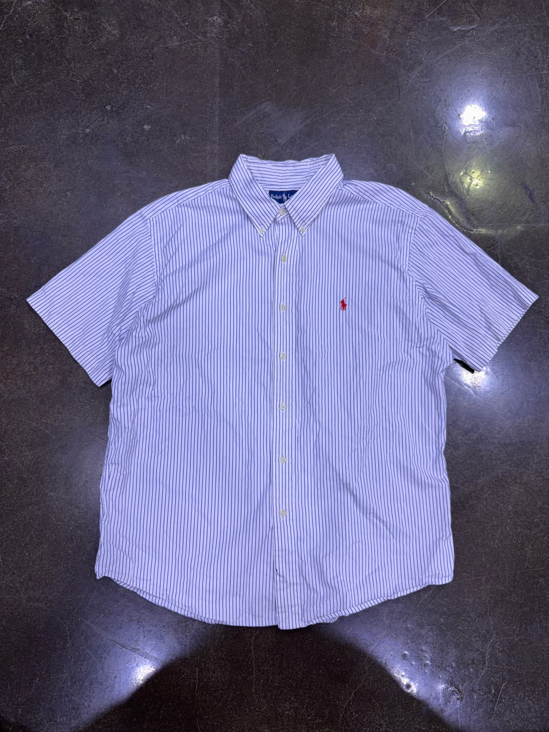 폴로 랄프로렌 스트라이프 반팔 셔츠 커스텀핏 화이트 블루 XXL 상품이미지1