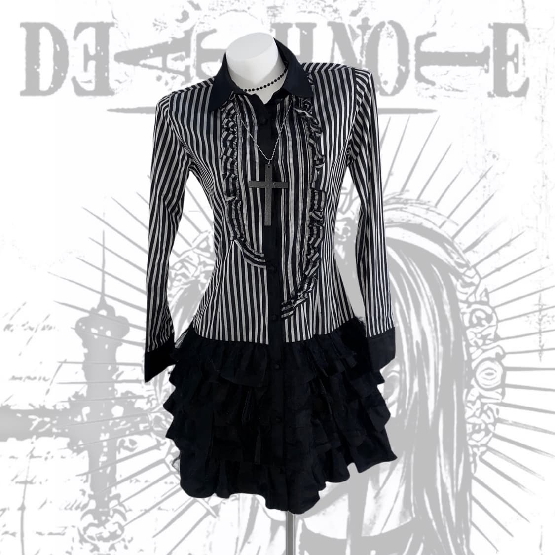 [HELL CAT PUNKS] 펑크 고스 코딕 스트라이프 새틴 셔츠 상품이미지1