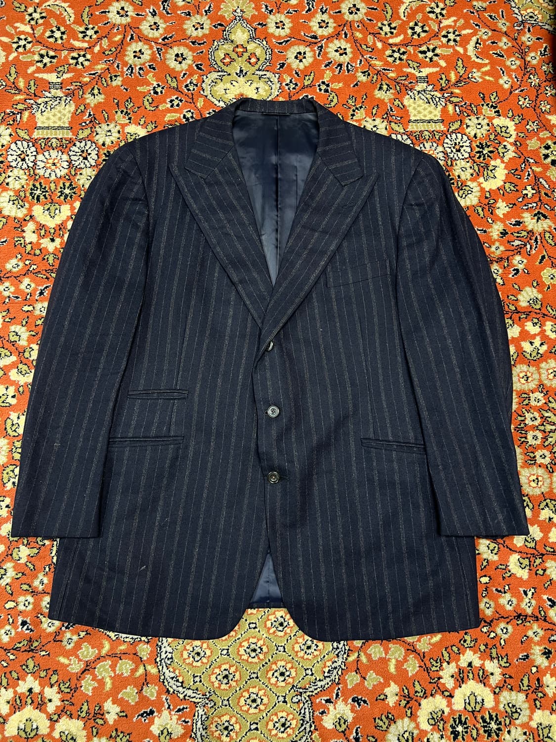 [XL] 빈티지 네이비 울 피크드 라펠 체크 블레이저 상품이미지1