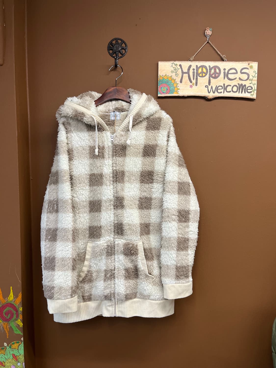 일본무드 체크 패턴 아이보리 플리스 후드집업 상품이미지1